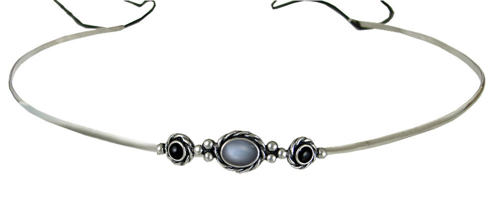 Sterling Silver Renaissance Style Exquisite Headpiece Circlet Tiara With Grey Moonstone And Black Onyx